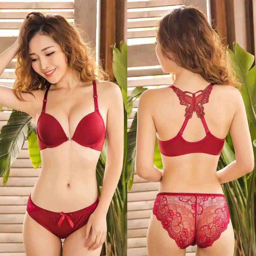 Front-Open Push-Up Bra Set with Butterfly Back – Sexy Underwire Lingerie for Women